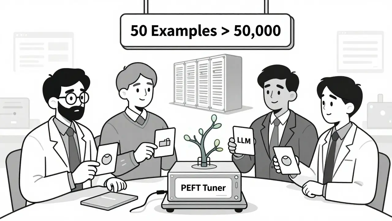 Three professionals placing one expert-labeled example each into a machine that connects to a massive AI server.