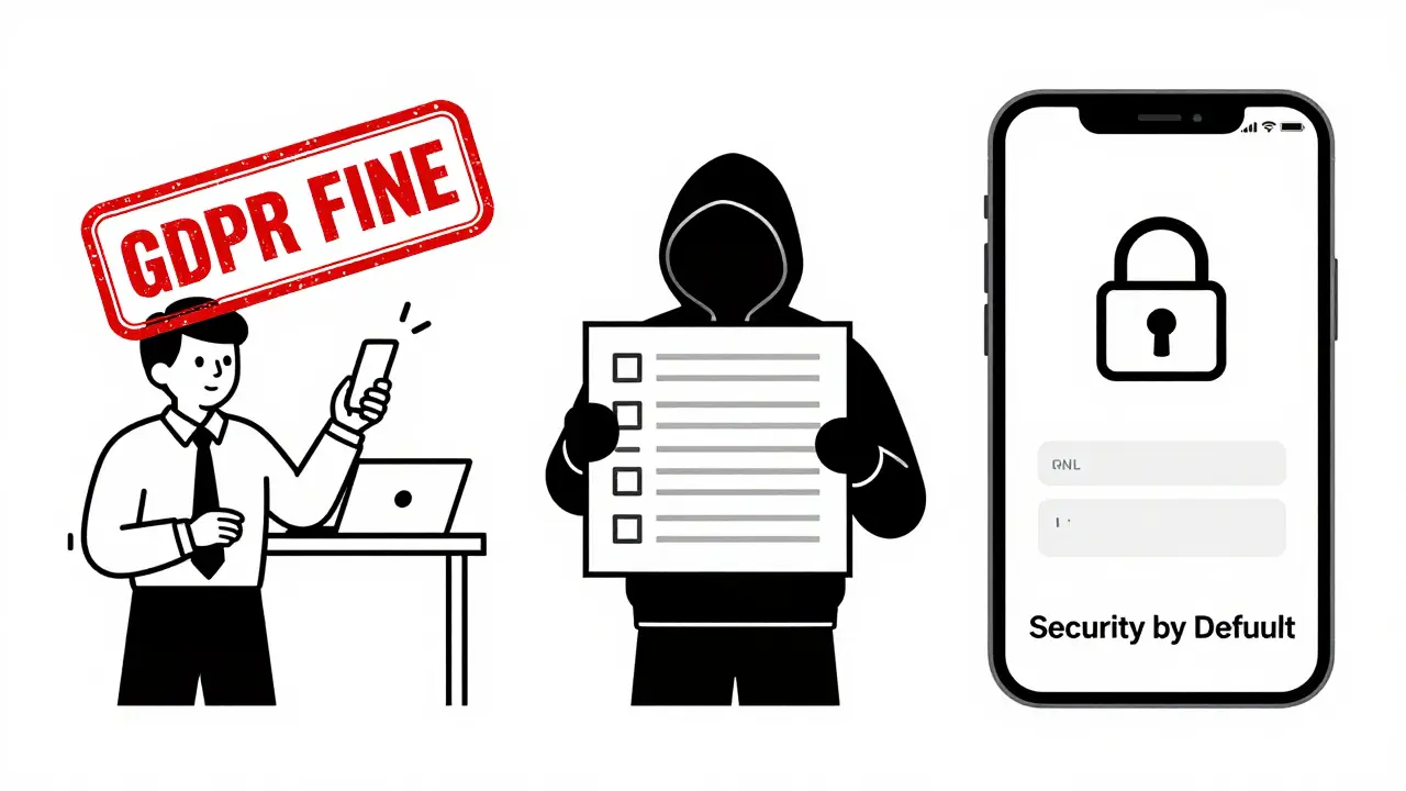 Three scenes showing risky data collection, a data breach, and a secure app with minimal data and locks.