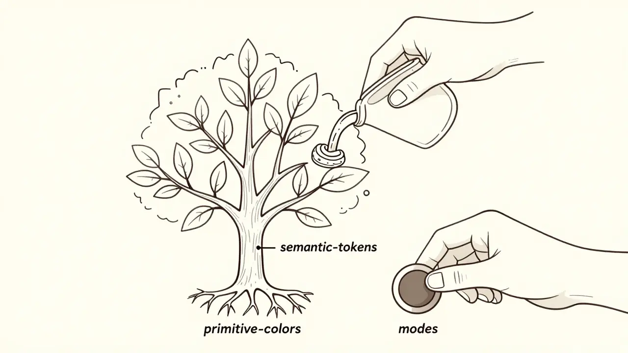 Tree with design tokens as branches and leaves, AI and humans nurturing it together.