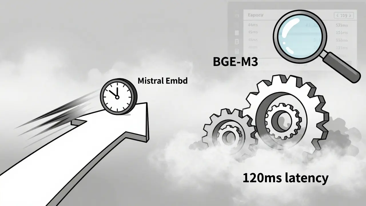 Two embedding models compared: one fast and slim, the other slow and heavy, with latency and benchmark visuals.