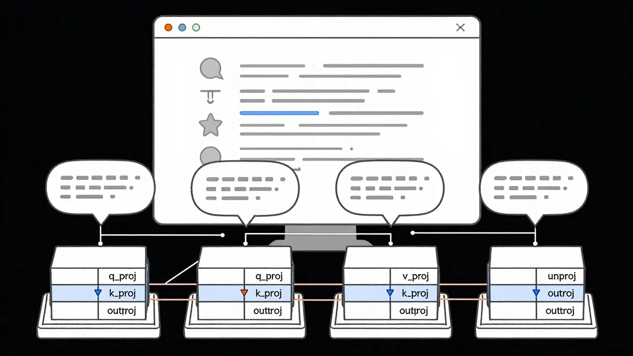 A chatbot responding quickly while four GPUs work in parallel using tensor parallelism, illustrated in monoline style.