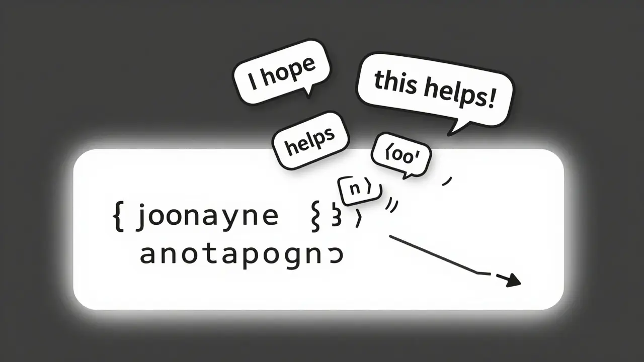 A clean JSON object ending with '}' as unwanted text dissolves nearby