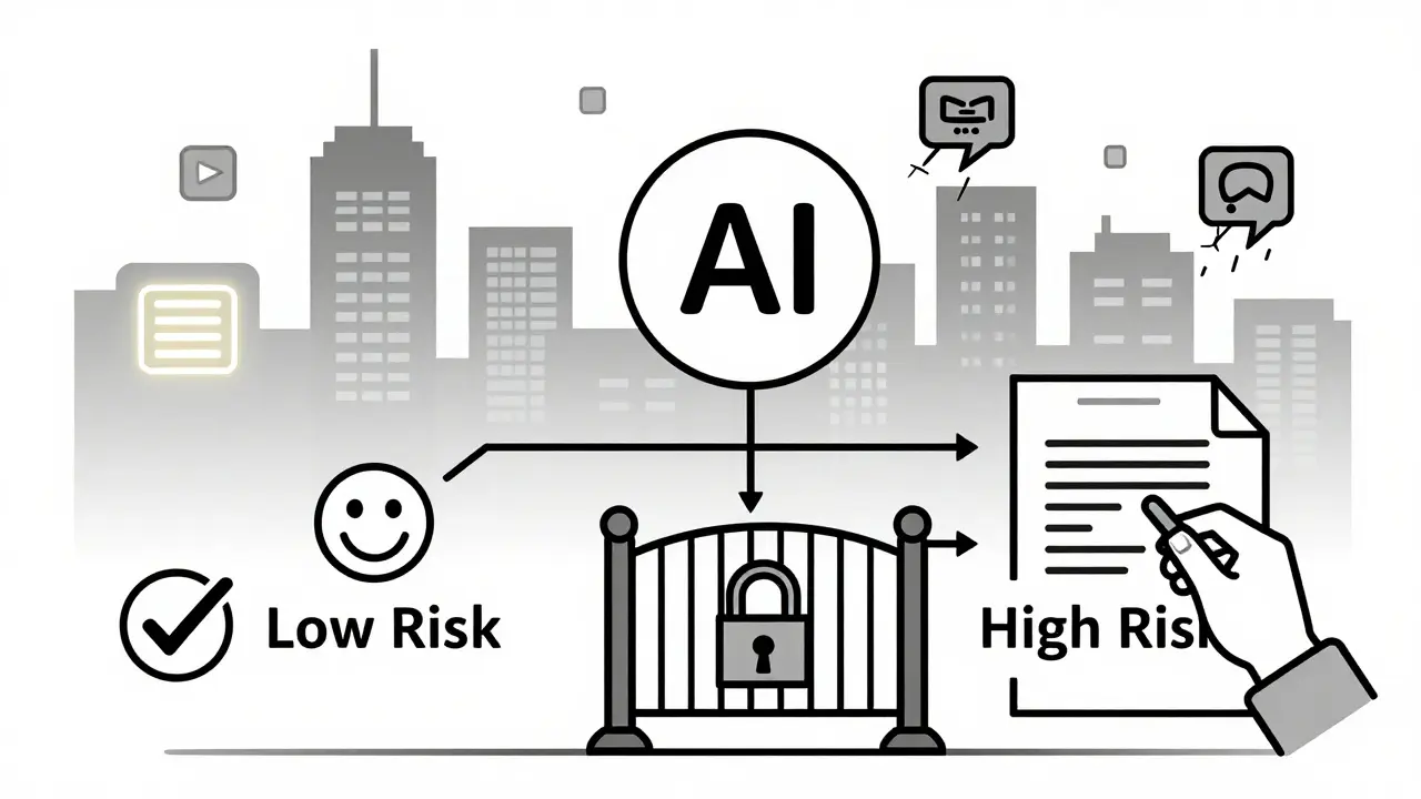 A decision tree shows low-risk approval versus high-risk human review, with apps thriving or failing based on governance.