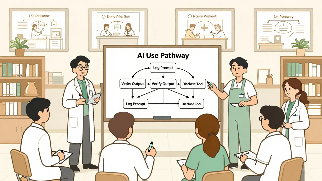 A diverse group of people collaboratively mapping out an ethical AI use pathway on a whiteboard.
