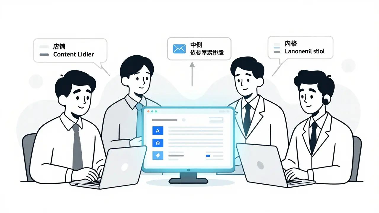 A diverse team monitoring an AI dashboard with escalating risk levels for different types of automated outputs.