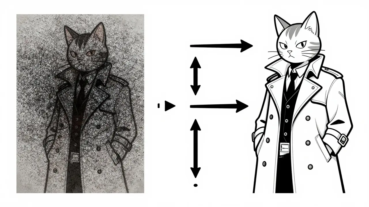 A faded image being restored through layers of noise removal, depicting denoising in AI image generation.