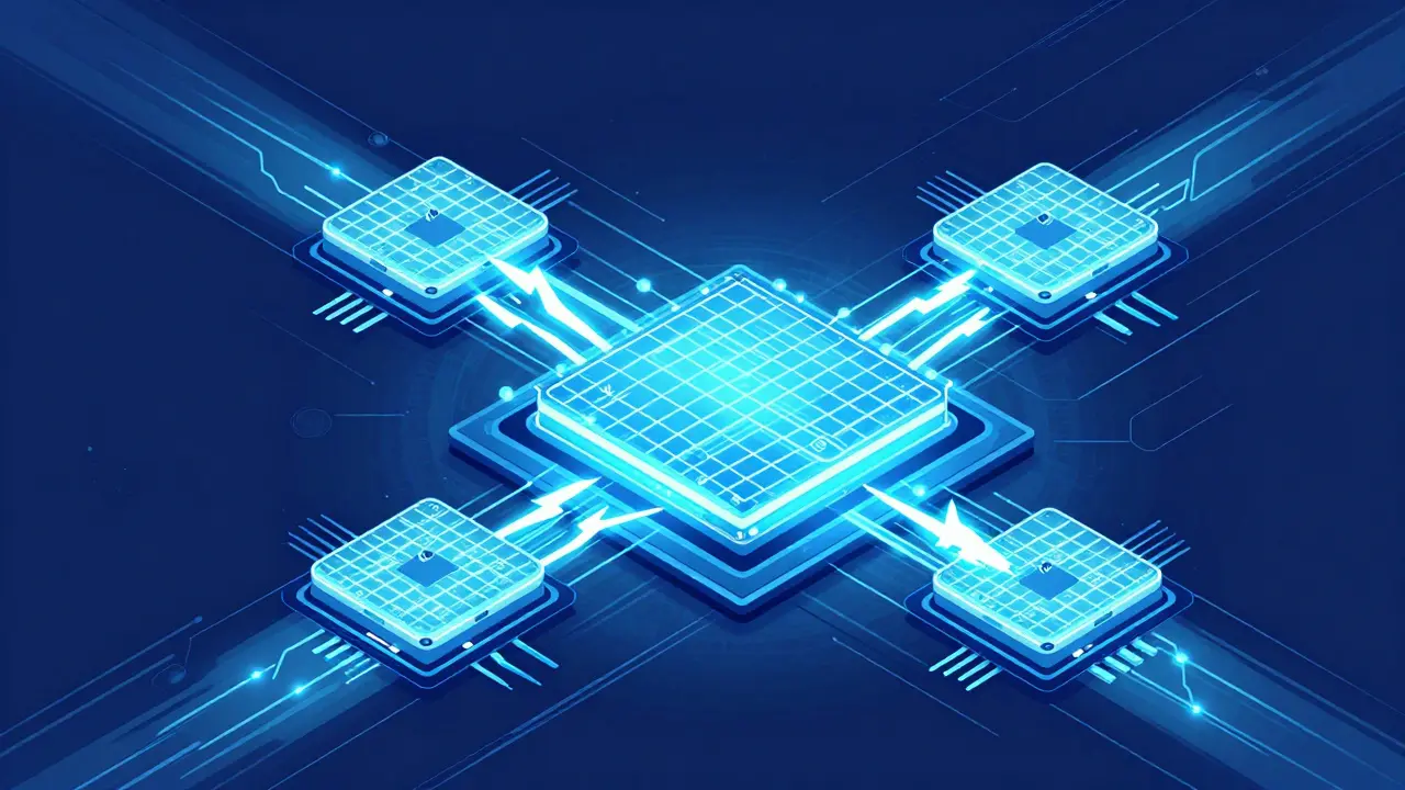 A GPU chip with 2:4 structured sparsity patterns, showing optimized weight removal for faster inference.