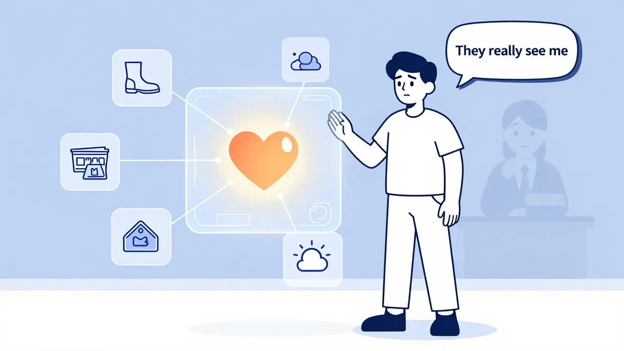 A person beside an AI interface that says 'They really see me,' with floating icons of their past actions linked by delicate lines.