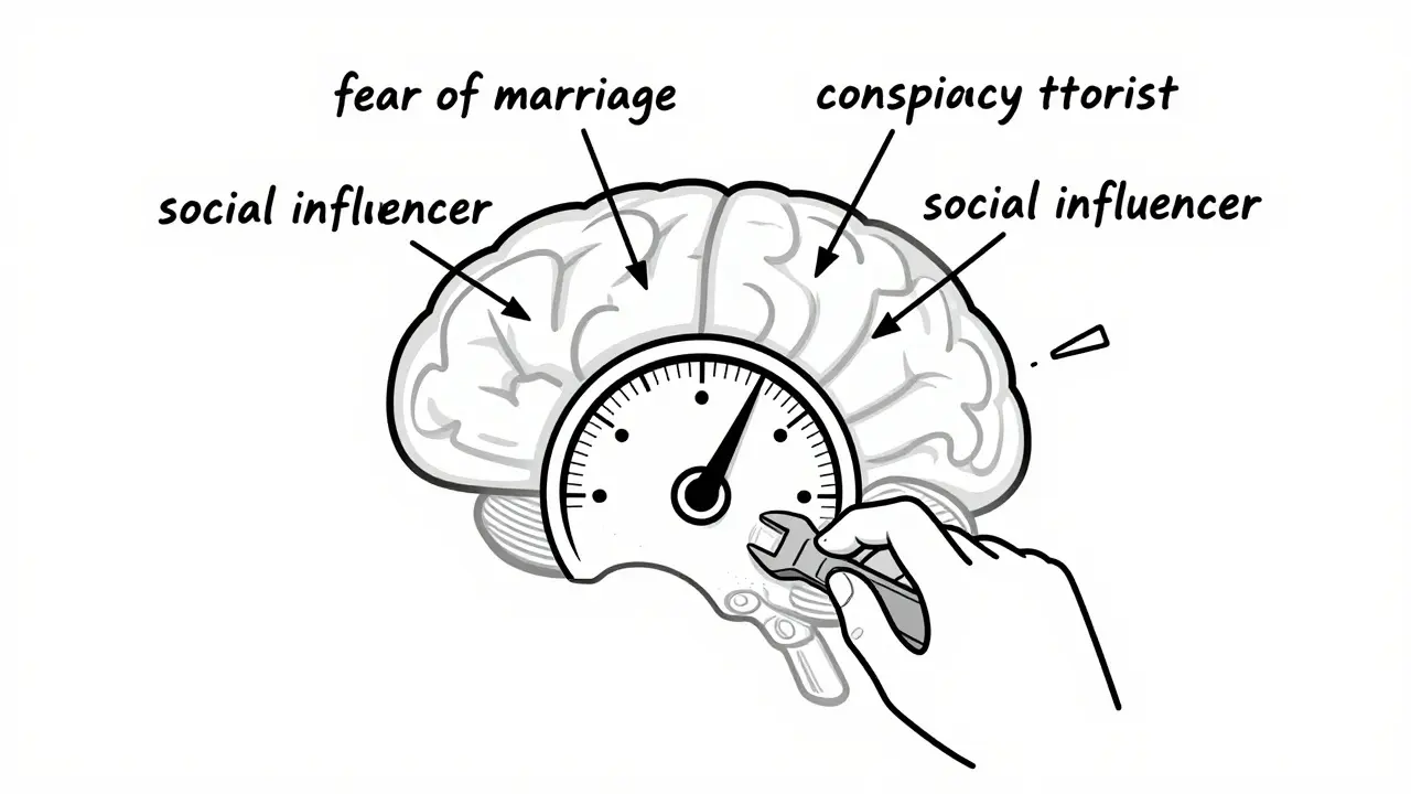 A radio dial inside a brain adjusting abstract bias concepts, with a wrench removing one from the model.