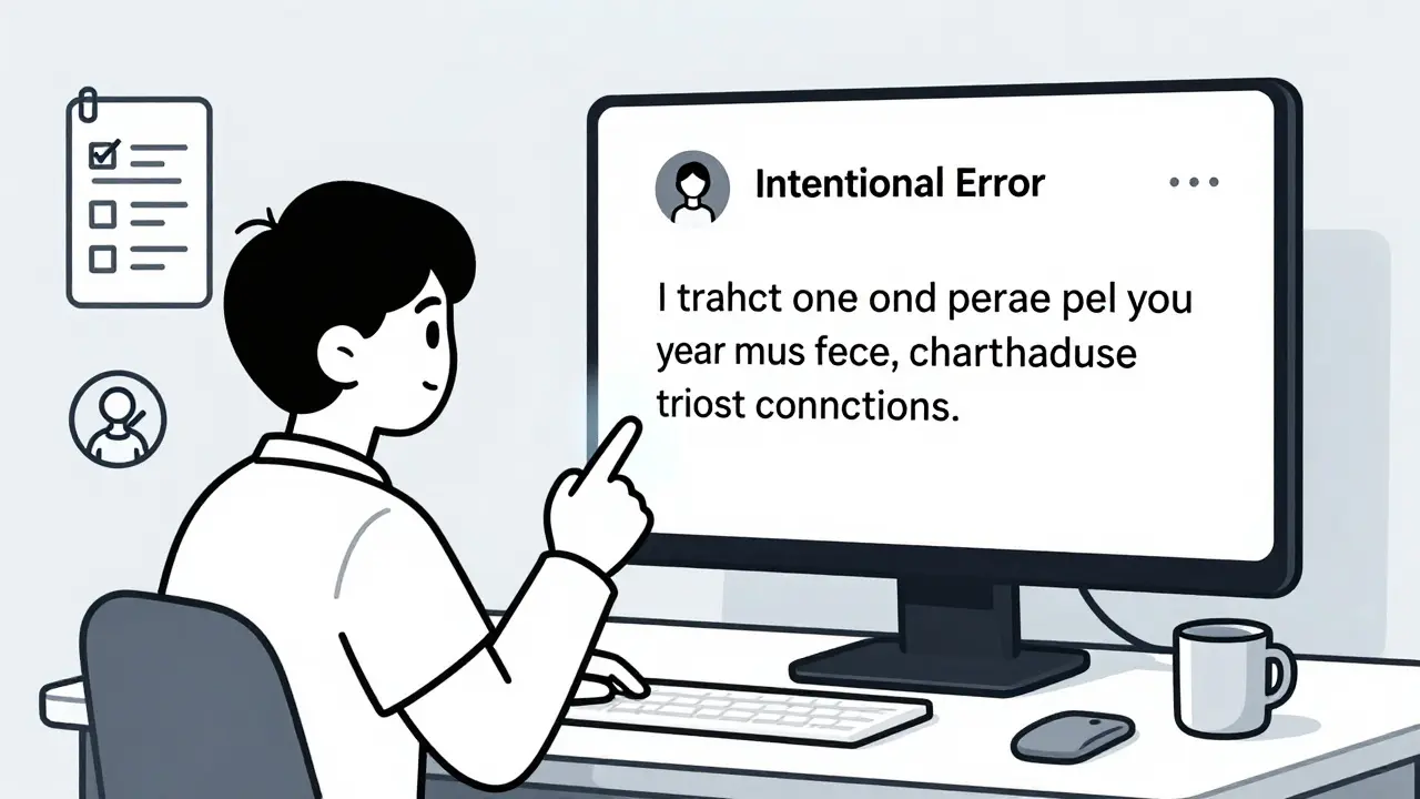 A reviewer noticing a hidden bias in AI-generated text, with a training prompt icon highlighting awareness.
