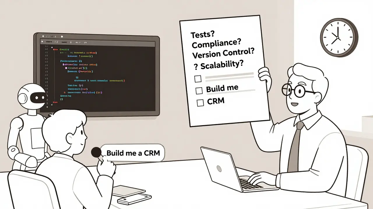 A team uses vibe coding while a senior developer checks a checklist for tests, compliance, and scalability.