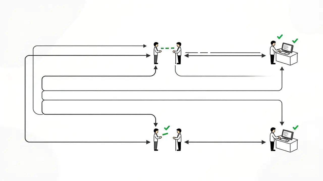 Abstract pipeline illustration with human checkpoints for data