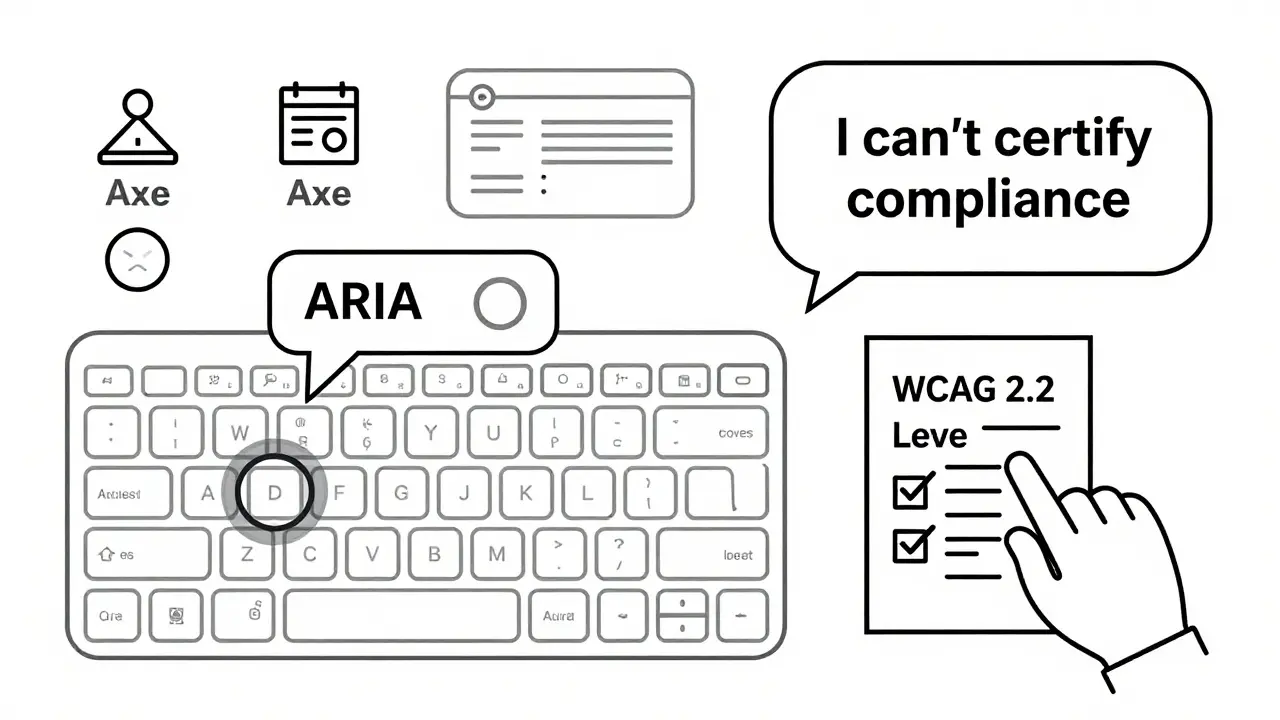 An accessible AI interface with focus indicators, ARIA labels, and automated tools scanning content, all in clean line art.