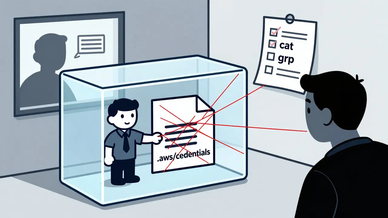 An agent inside a Docker container blocked by red lines as it tries to reach sensitive credentials.
