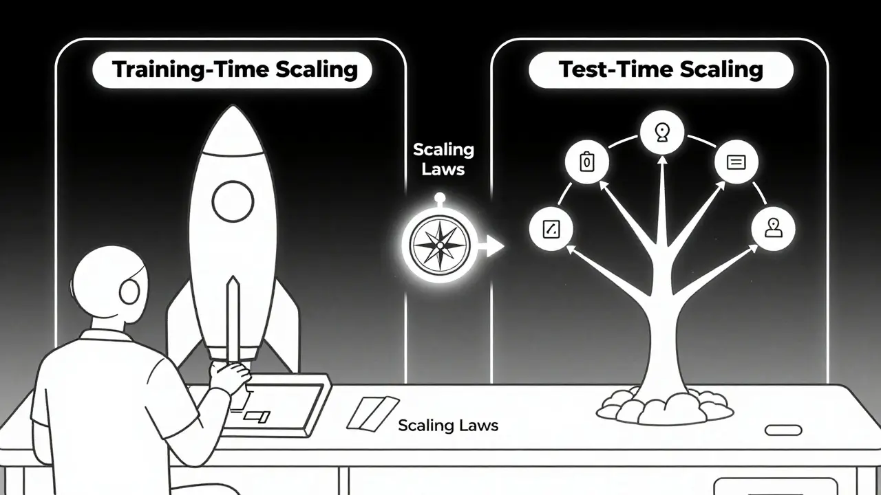 An AI assistant choosing between training-time and test-time scaling, guided by a scaling laws compass, rendered in minimalist monoline style.