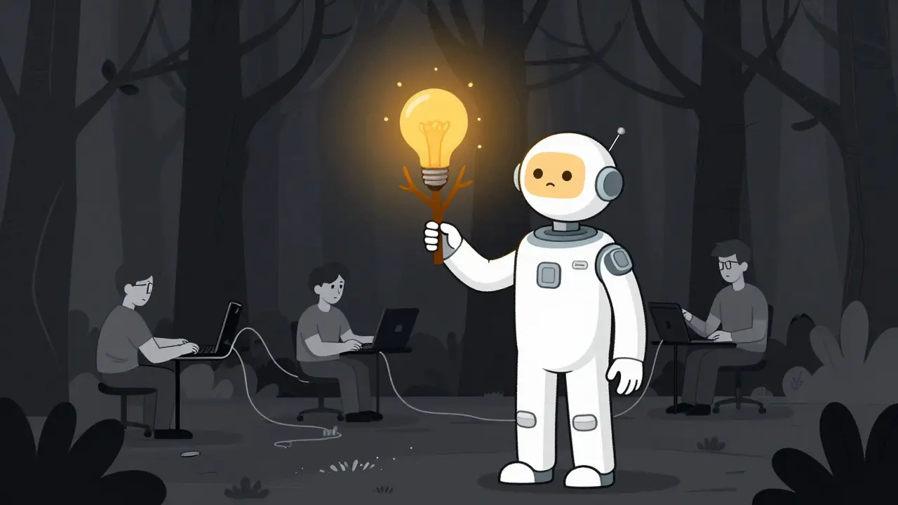 An AI holds a single tree branch while standing before a vast forest it cannot understand.