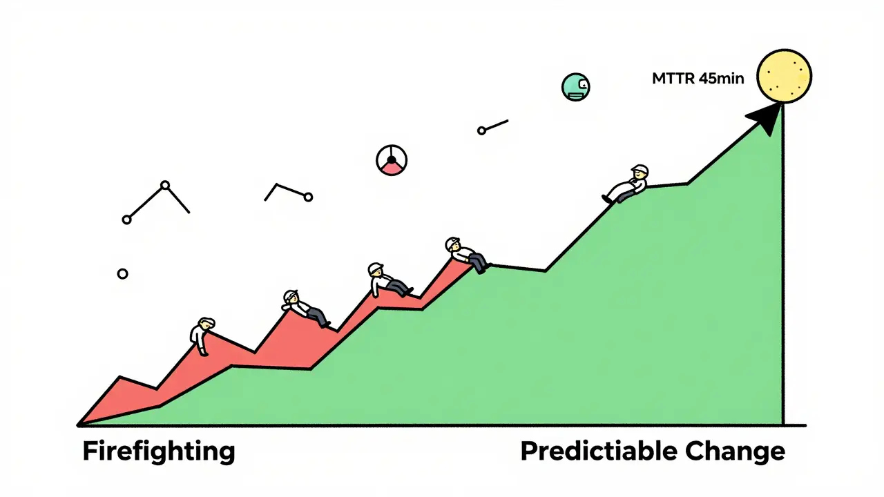 Business graph shifting from firefighting to predictable change with engineers sleeping peacefully