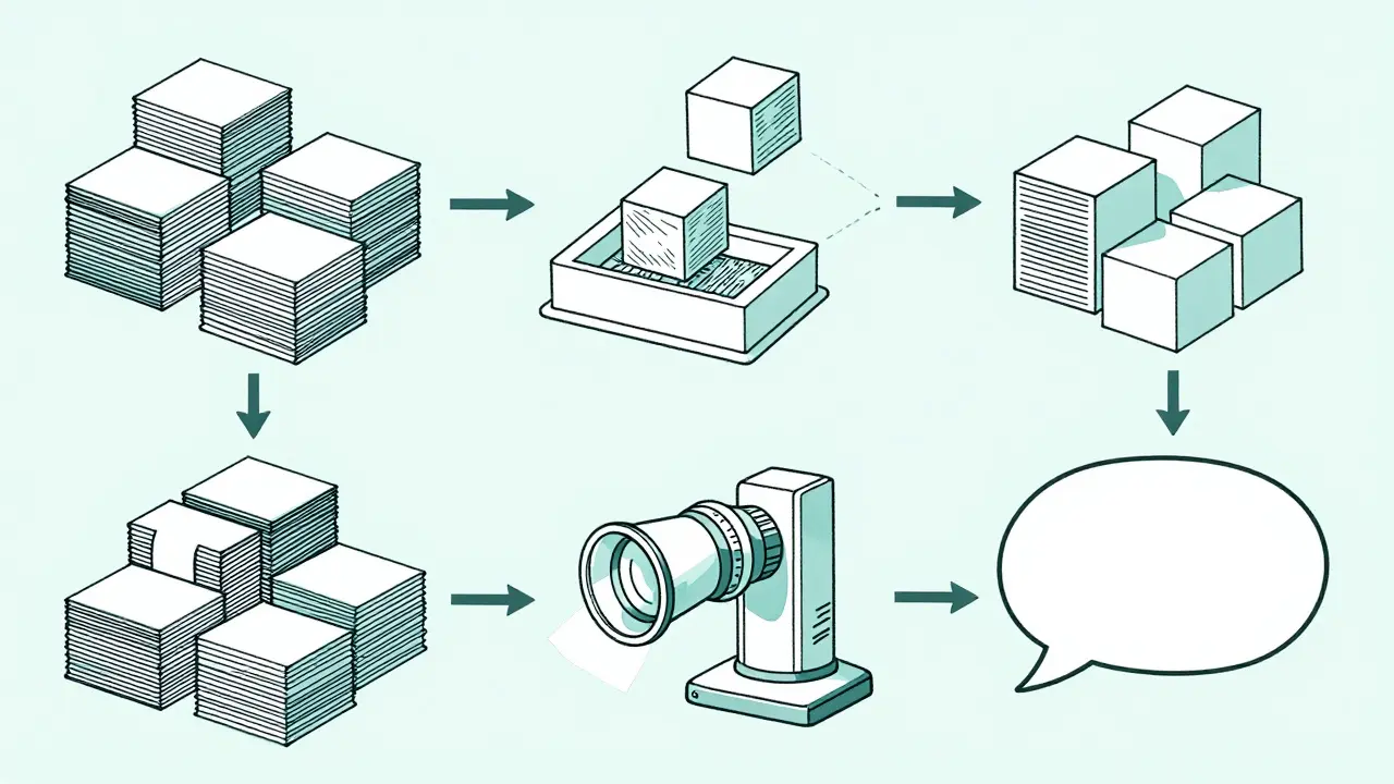 Circular flow diagram showing documents moving through search and output stages.