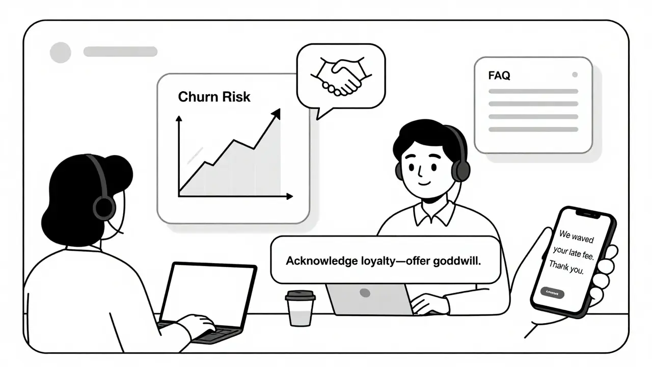 Contact center dashboard with churn risk, loyalty prompt, and auto-generated FAQ icons.