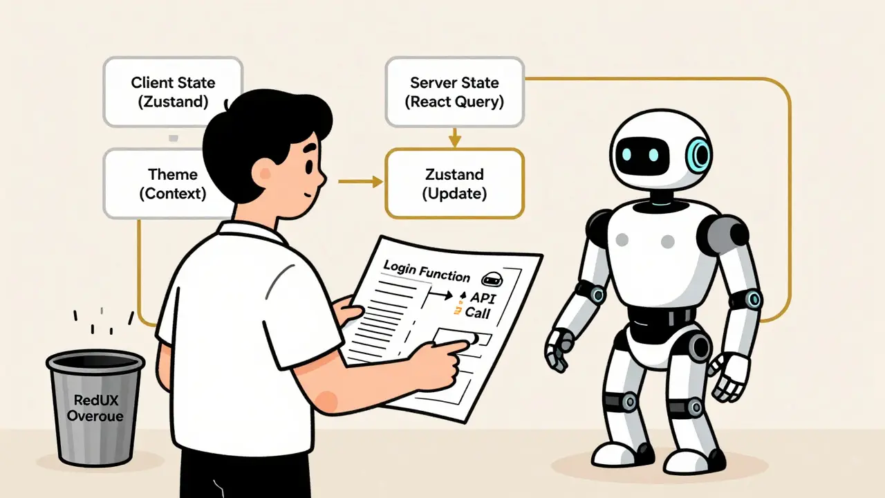 Developer guiding AI to use Zustand for client state and React Query for server state.