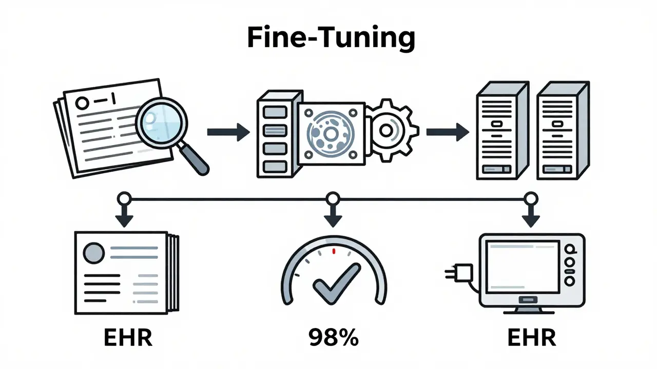 Five-step workflow illustrating how domain-specialized AI is trained and integrated into healthcare systems.