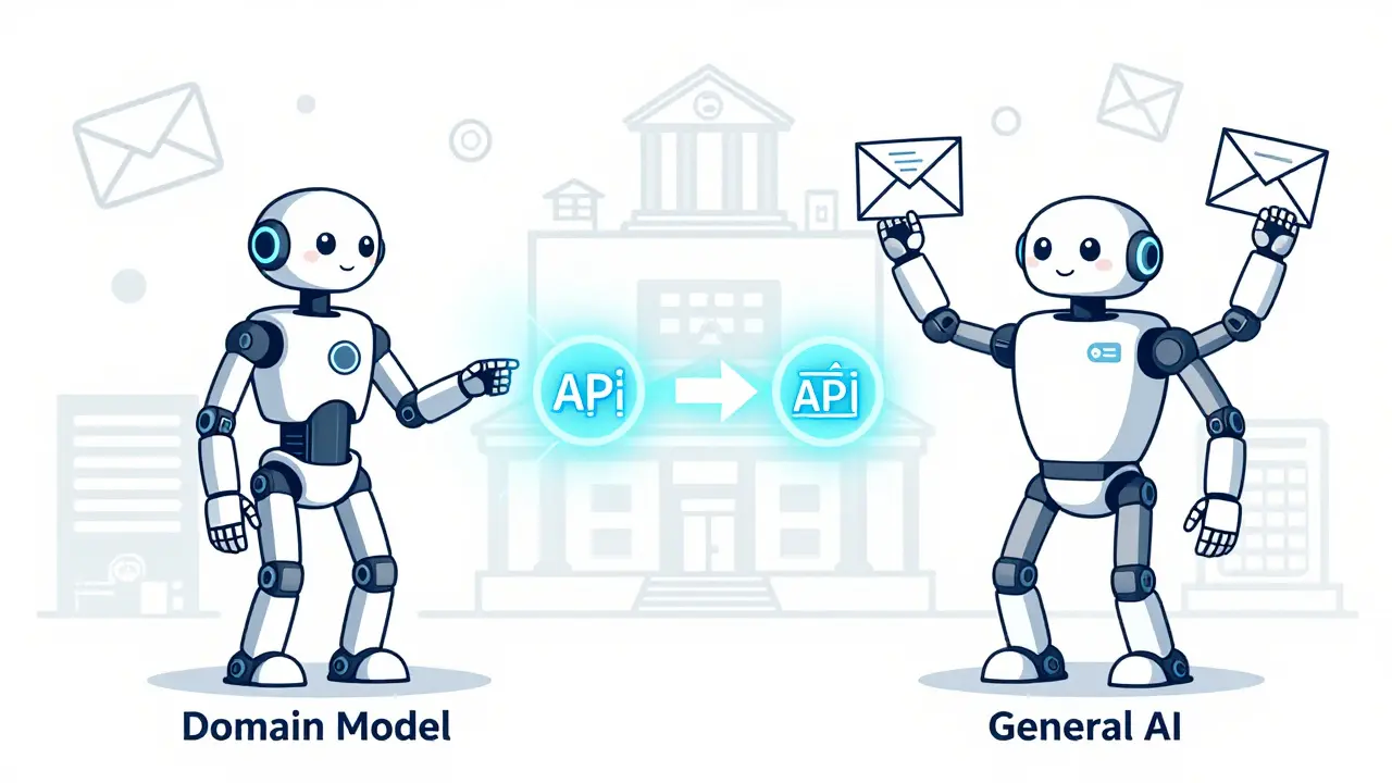 Hybrid AI system showing specialized and general models working together in healthcare, finance, and legal settings.