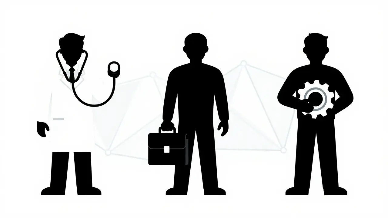 Line art showing healthcare, finance, and factory icons linked by technology.