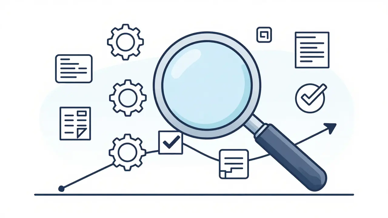 Magnifying glass analyzing developer workflow and survey data