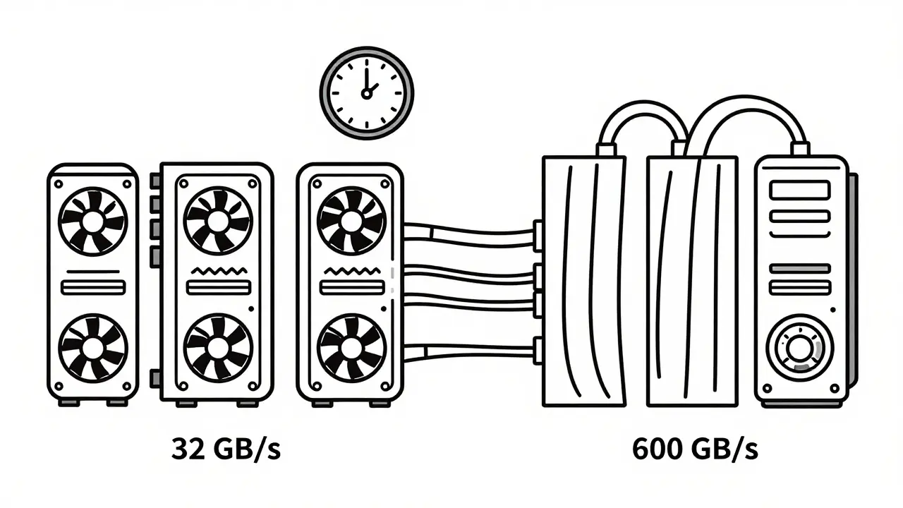 NVLink vs PCIe connections between GPUs, shown with thick and thin lines to represent bandwidth differences.