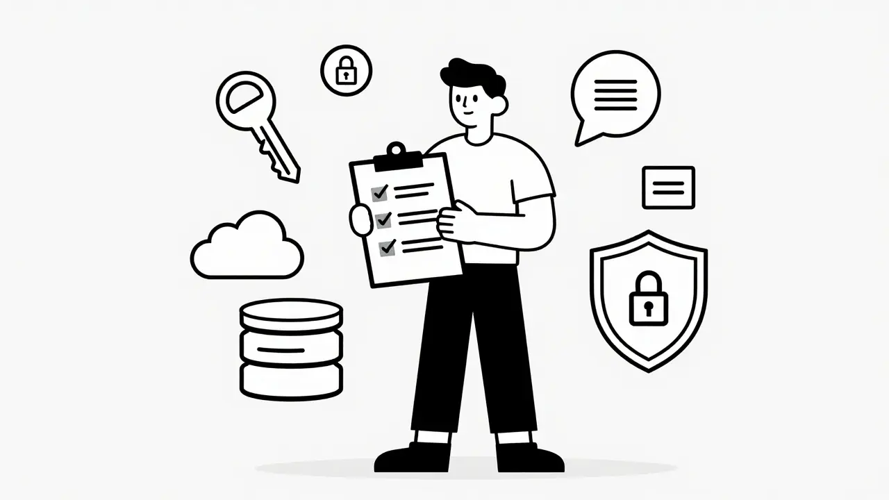 Outline drawing of a developer reviewing a security checklist next to floating technology symbols.
