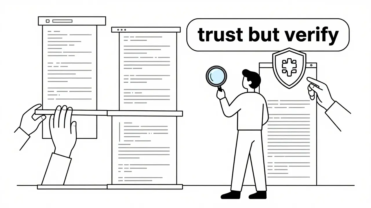 Person inspecting code structure with a magnifying glass symbolizing review.