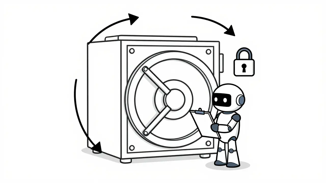Secure digital vault with refresh arrows and a checking robot guard.