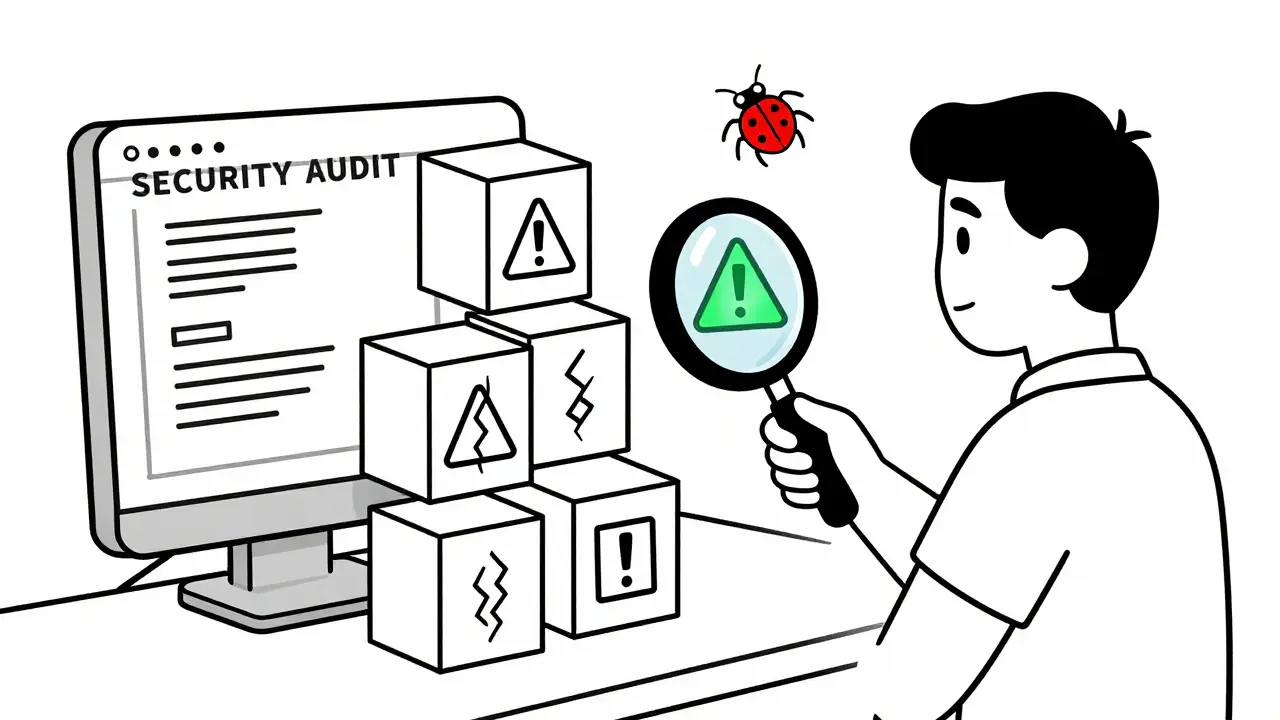 Security audit magnifying glass over code blocks with bug symbols
