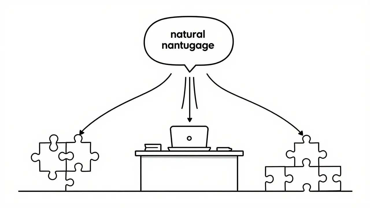 Speech bubble transforming words into digital puzzle pieces.
