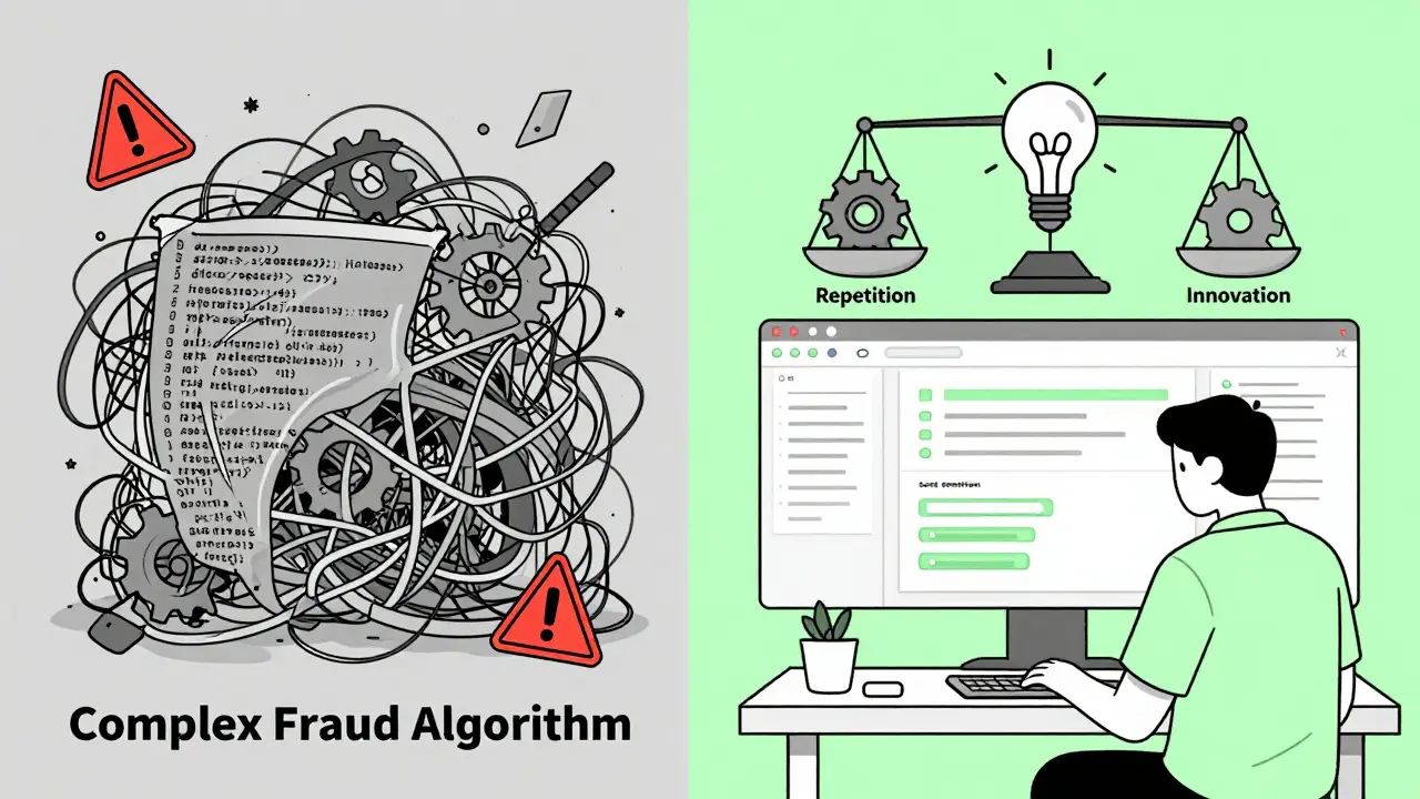 Split scene: chaotic complex code vs. clean AI-generated UI components, highlighting where AI works best.