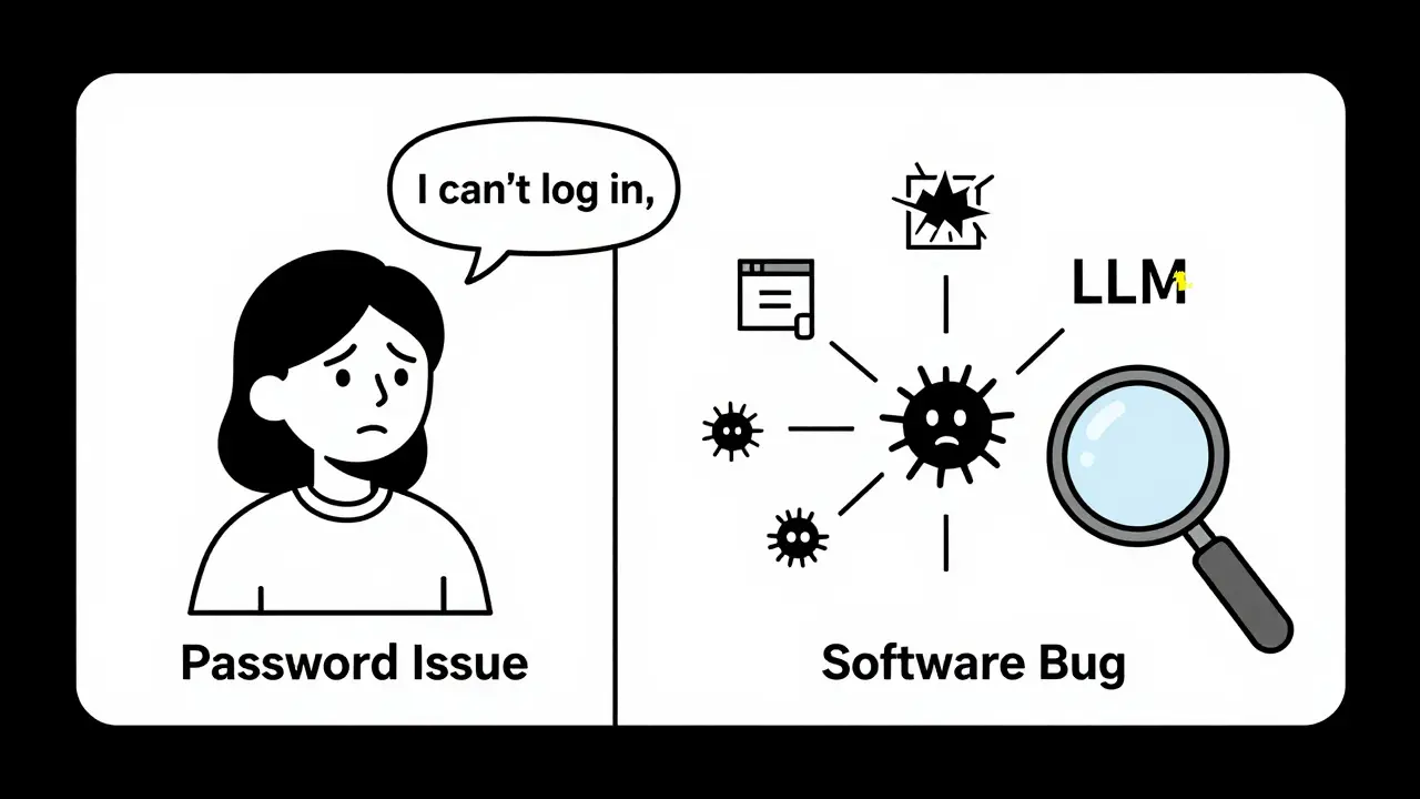 Split-screen showing customer's surface issue vs. LLM's deeper insight into a hidden software bug.