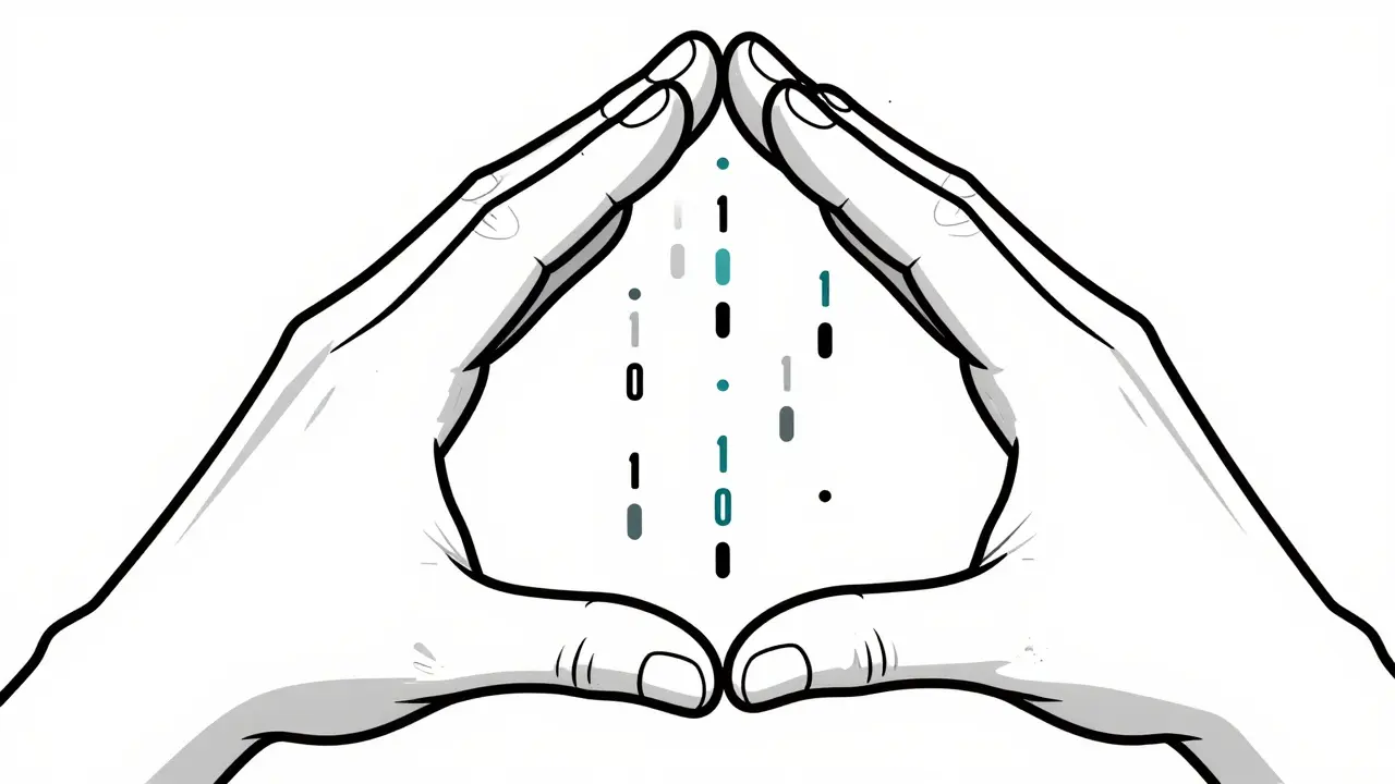 Stylized drawing of a hand protecting digital data flows from threats.