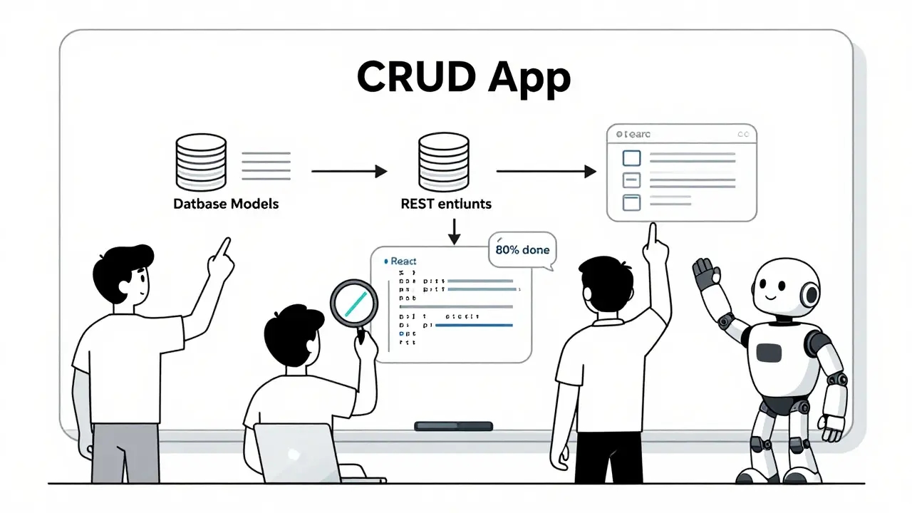 Team reviewing an AI-assisted CRUD app flowchart with a friendly AI icon nearby.