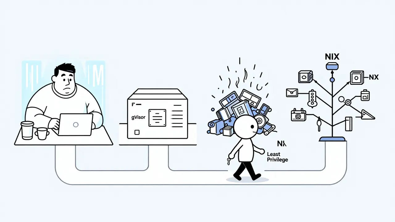 Three sandboxing methods side by side on a desk, with an agent walking the Nix path holding a least privilege key.