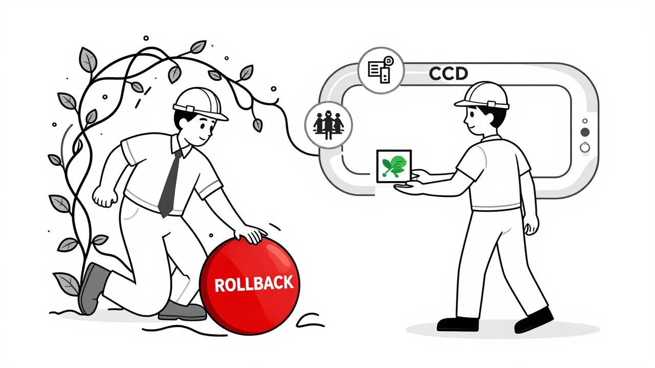 Two engineers comparing chaotic vs. smooth software deployment processes