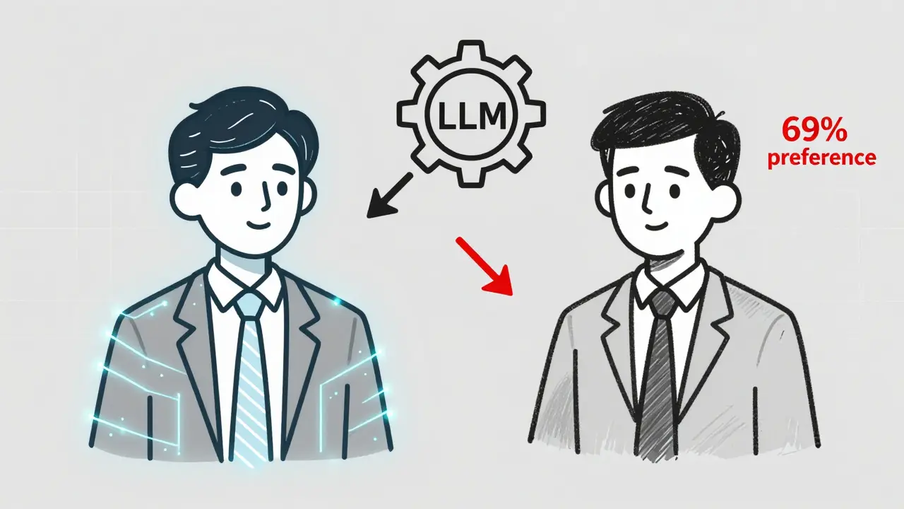 Two job candidates compared by an AI system, favoring the AI-generated one with a 69% preference arrow.