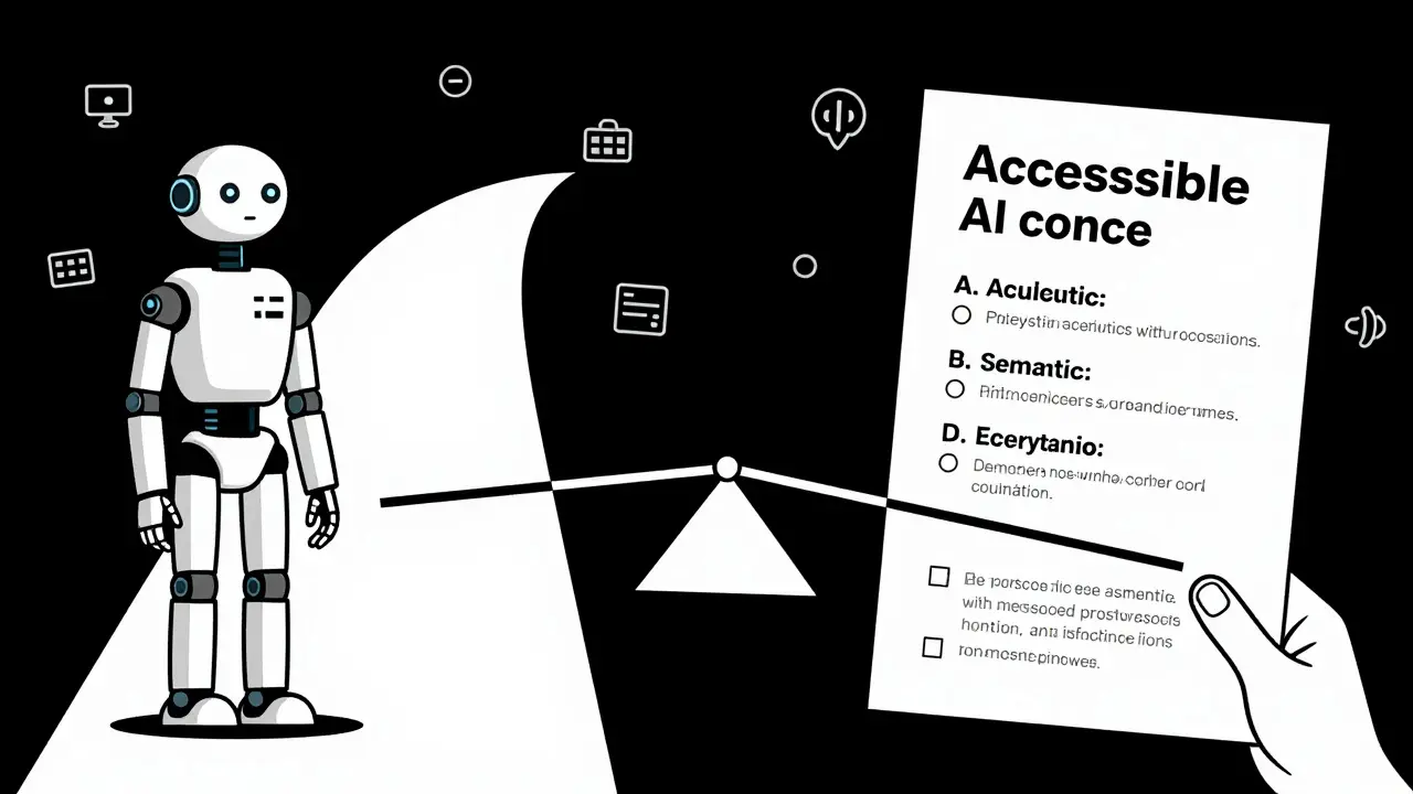 Two parallel paths: AI-generated inaccessible content vs. human-reviewed accessible content, with accessibility icons around them.