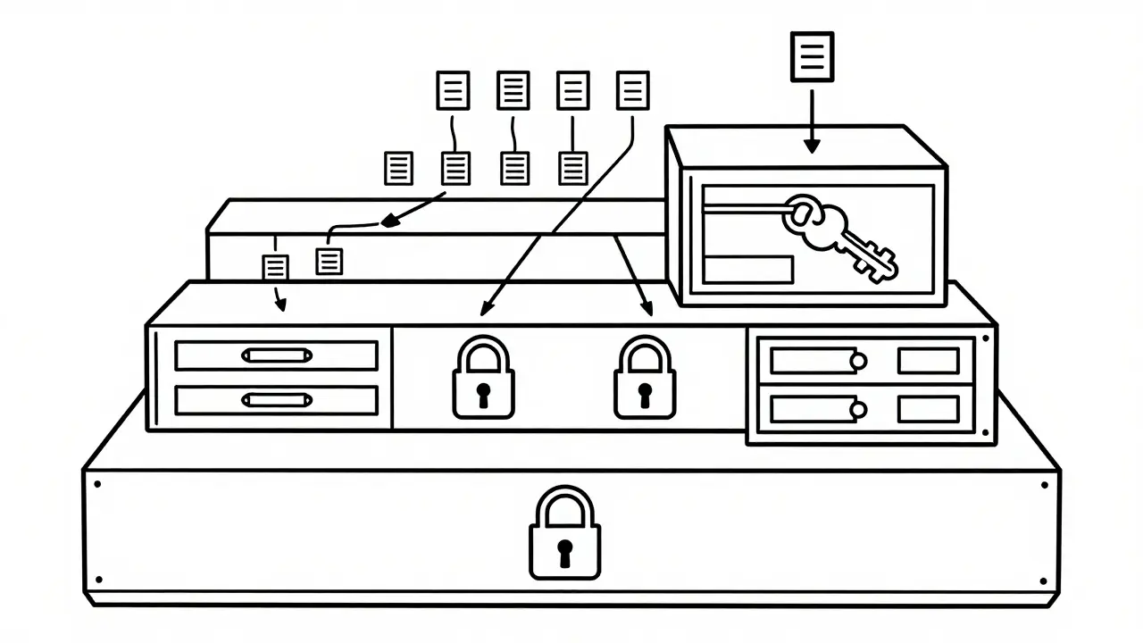 Vector illustration of stacked boxes representing data security tiers with varying lock icons.