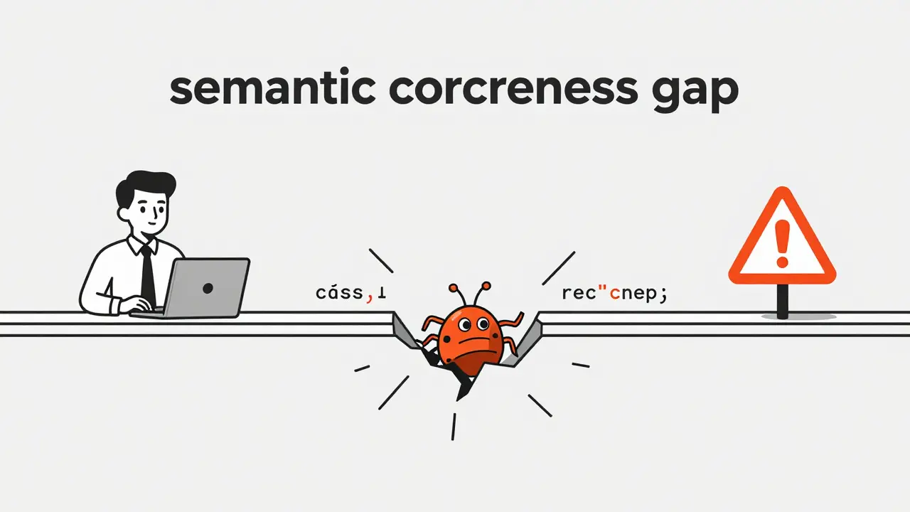 A code bridge with a hidden crack and a bug, representing the semantic correctness gap.