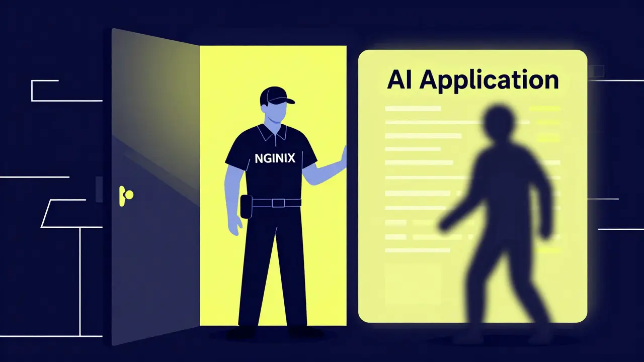 A digital bouncer acting as a reverse proxy blocking an unauthorized user from an app.