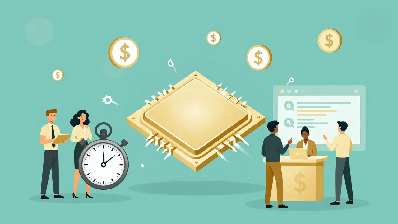 A GPU chip surrounded by symbols of cost savings and high-speed performance.