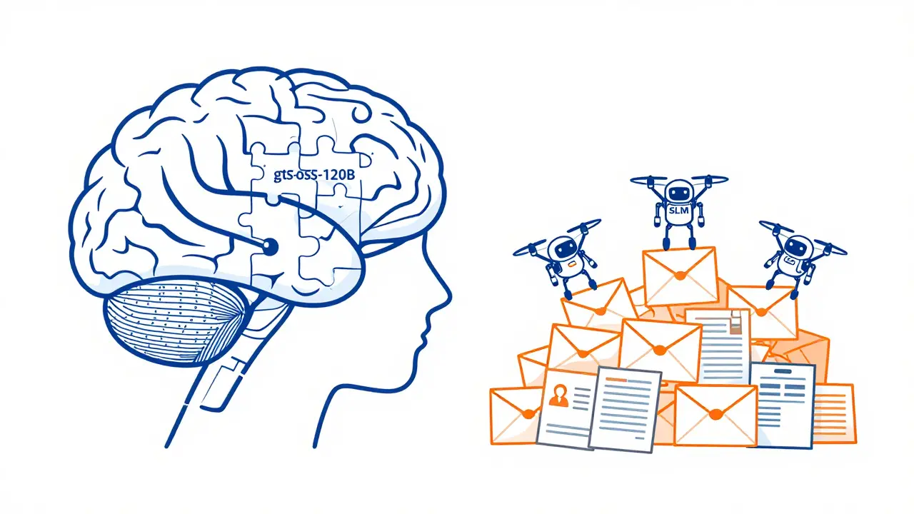 A large brain and small robots collaborating on complex and simple tasks