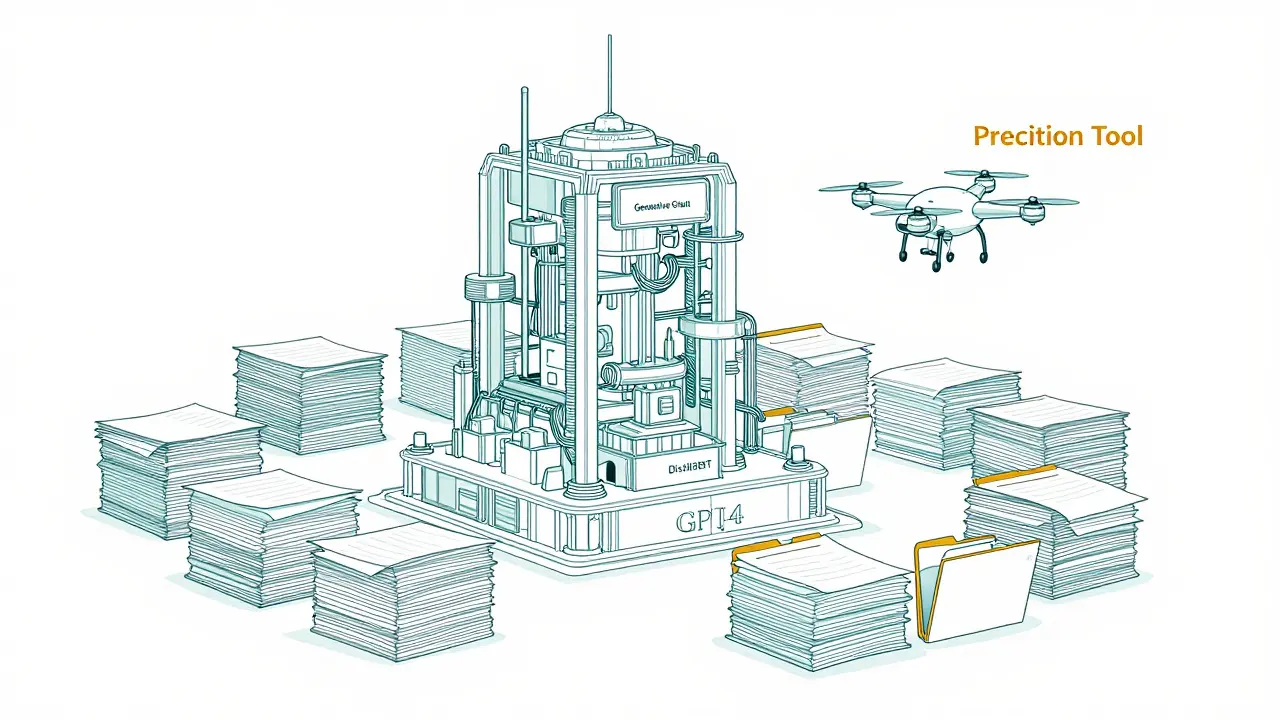 A large complex machine and a small agile drone representing different LLM scales.