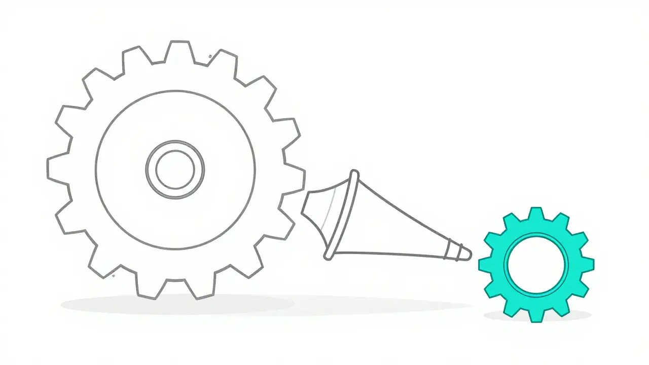 A large gear system being compressed through a funnel into a small, efficient gear