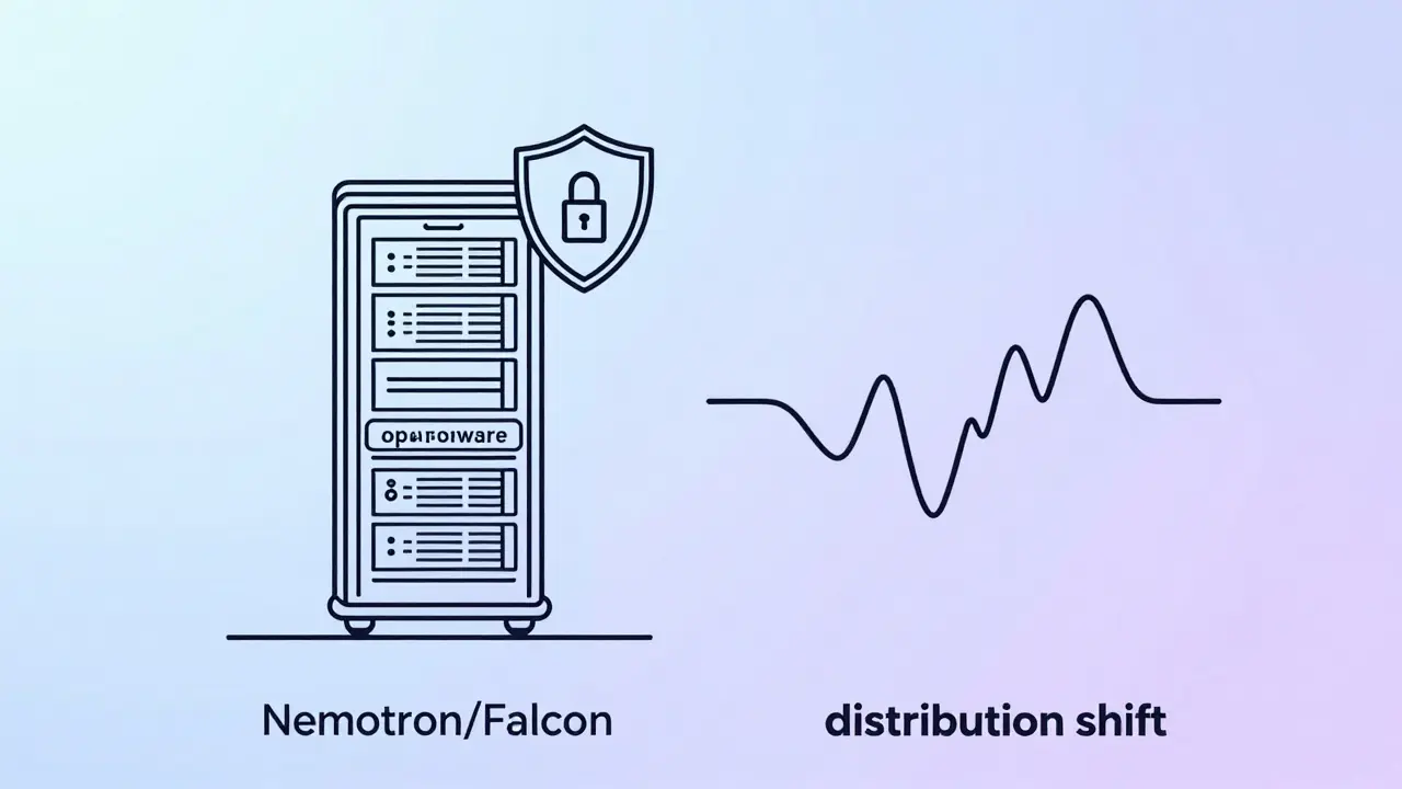 A secure server rack and a jagged data line illustrating open-source AI and model instability.